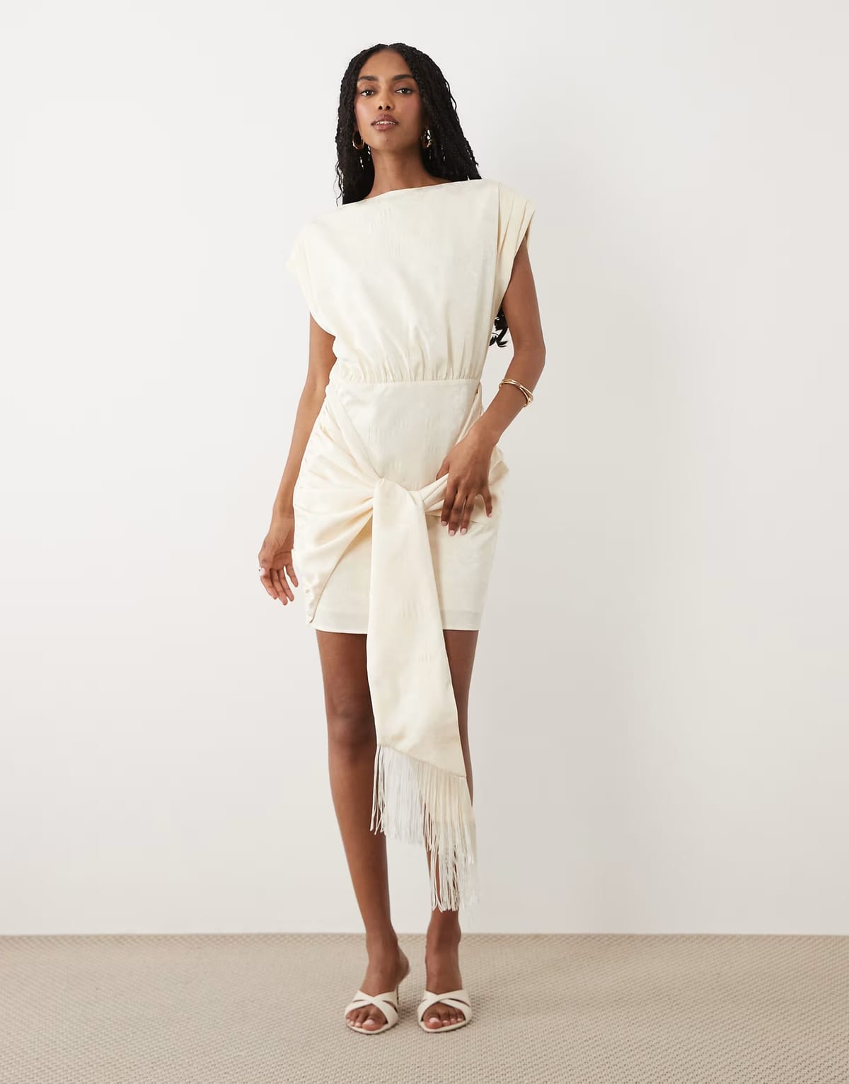 ASOS Pretty Lavish Hattie jacquard cap sleeveless fringe tie detail mini dress in cream - 1