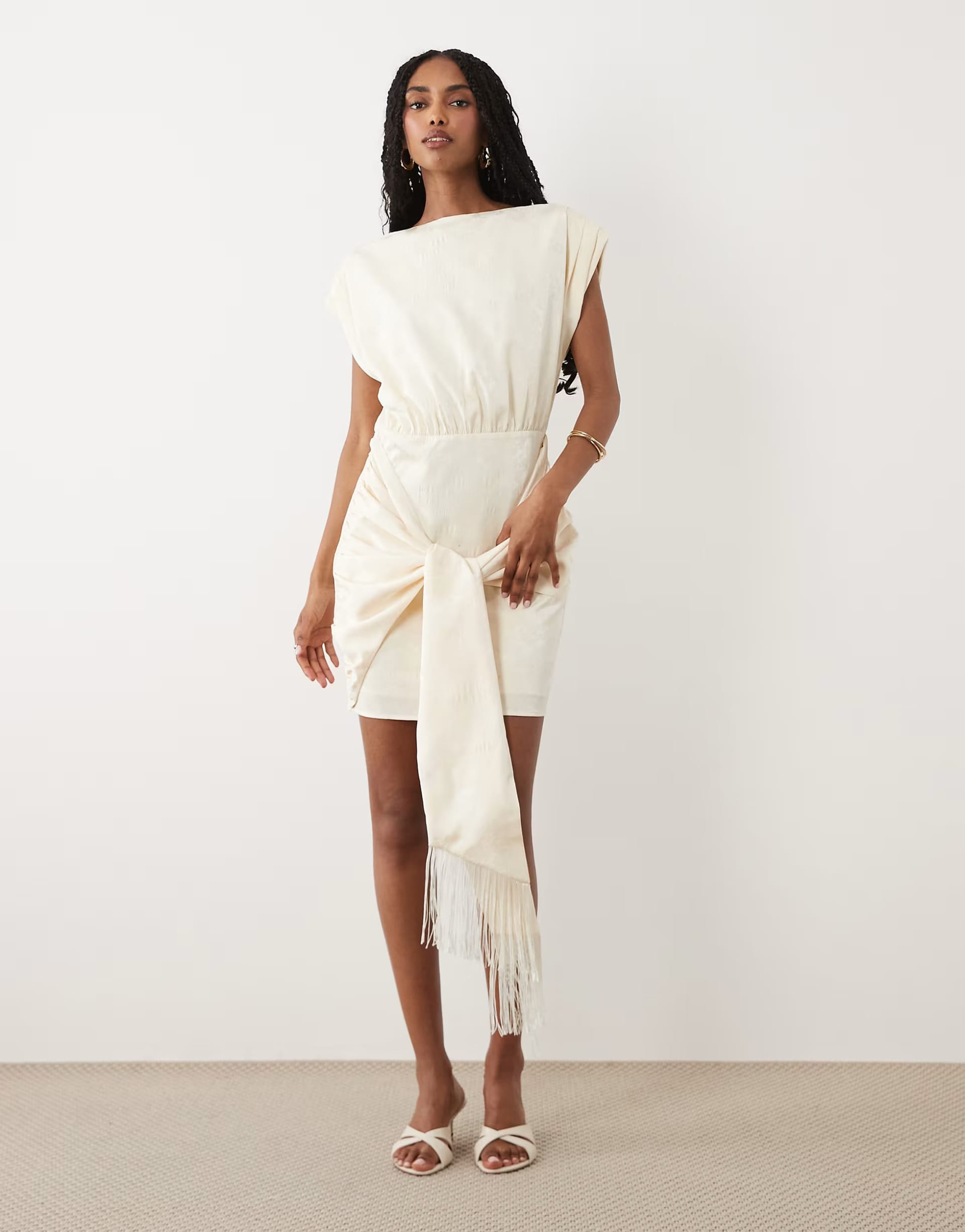 ASOS Cream Jacquard Cap Sleeveless Fringe Mini Dress