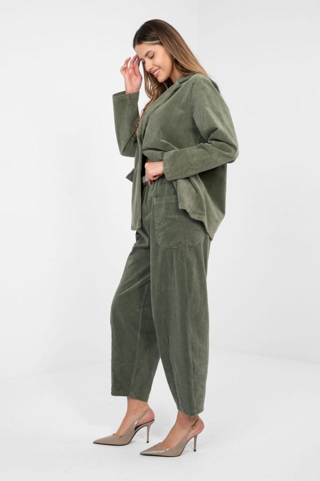 Love Lace Love Lace Women's High Waist Carrot Corduroy Trousers with Belt in Green - 2