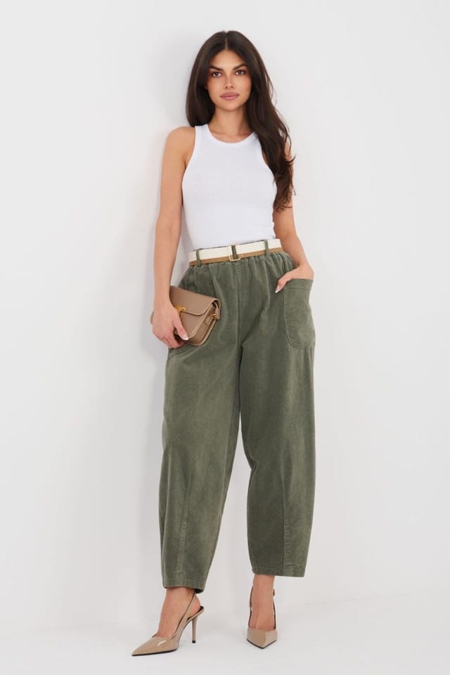 Love Lace Love Lace Women's High Waist Carrot Corduroy Trousers with Belt in Green - 3