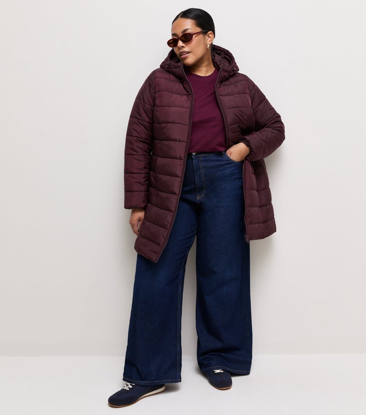 New Look Women's Plus Size Dark Burgundy Hooded Mid Length Padded Jacket Curves New Look