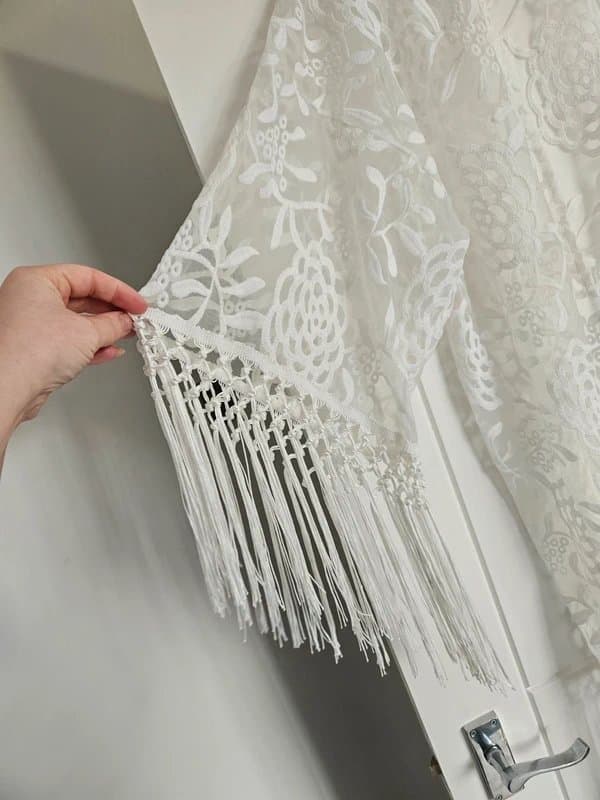 Primark Primark white floral embellished boho fringe Tassel Kimono Jacket beach bikini coverup holiday small