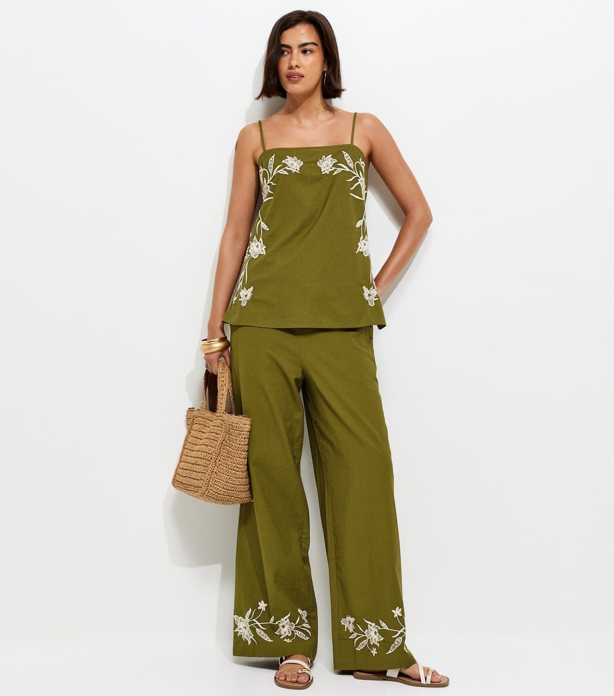 New Look Women's Green Cotton Floral Embroidery Wide Leg Trousers New Look