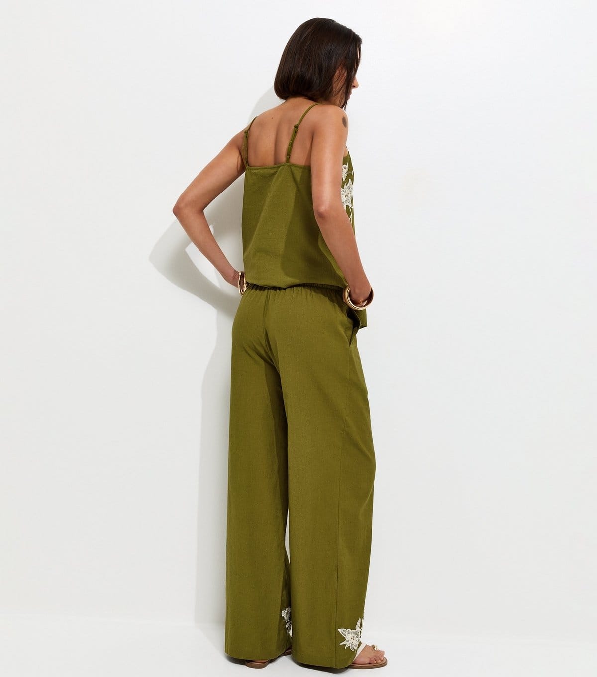 New Look Women's Green Cotton Floral Embroidery Wide Leg Trousers New Look - 4