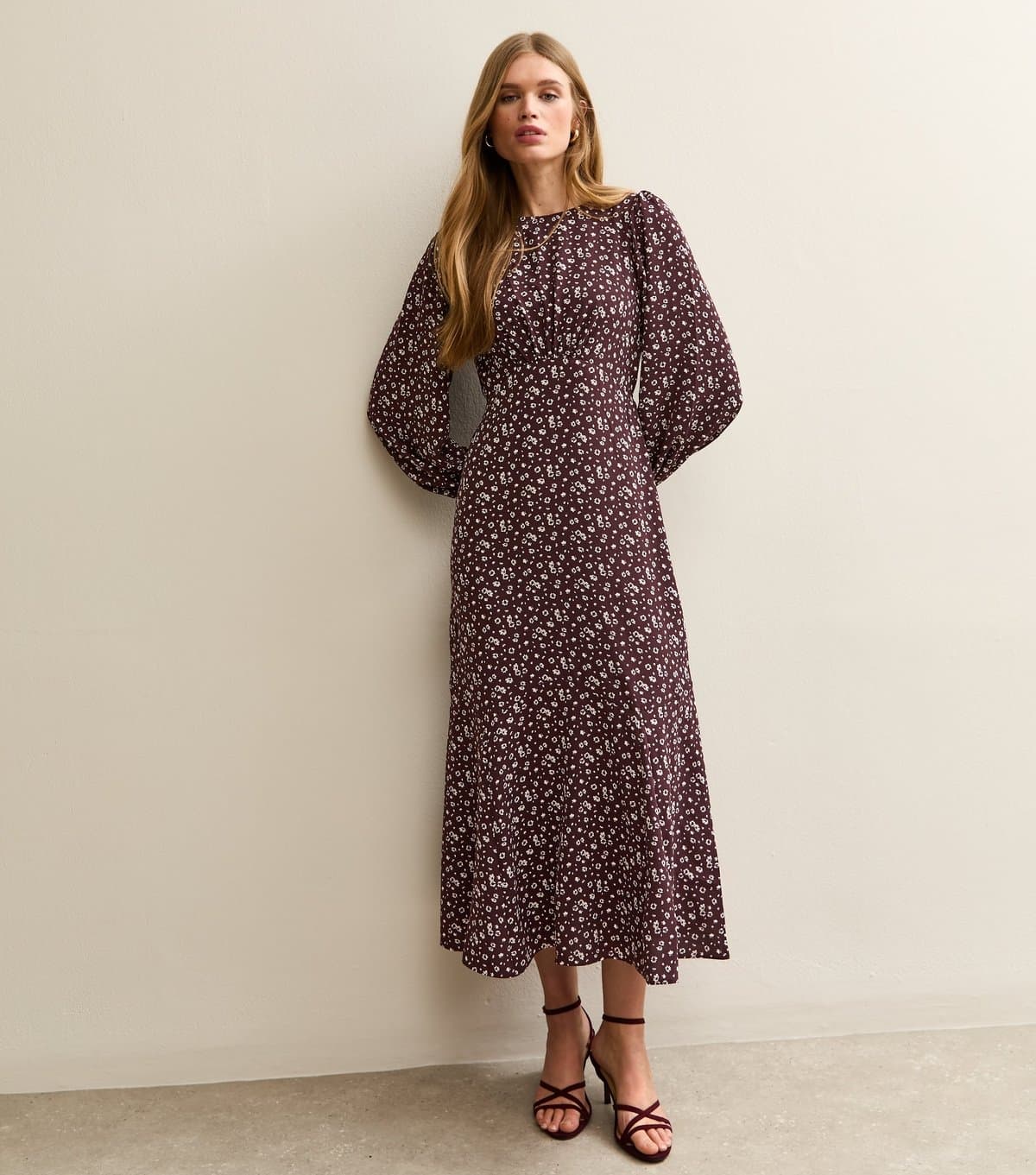 New Look Women's Burgundy Floral Godet  Midi Dress New Look