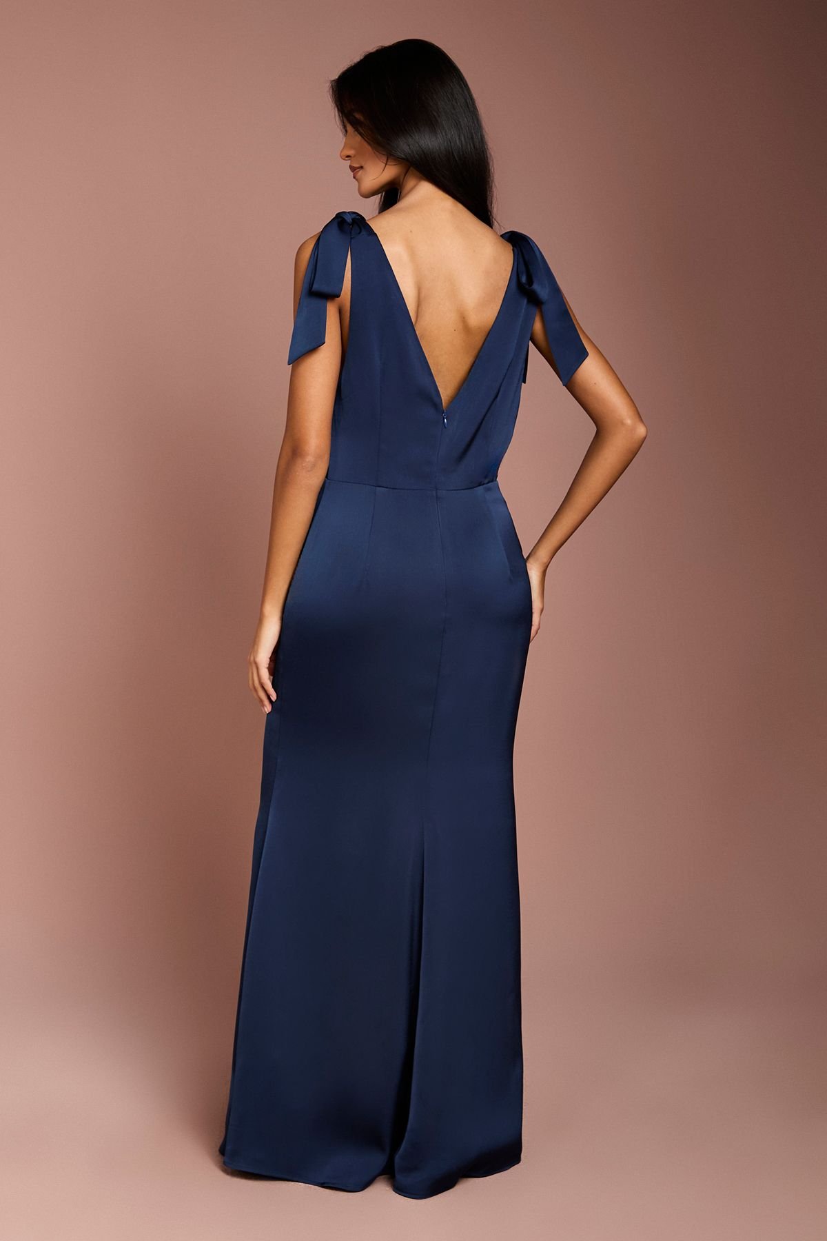 Coast Coast Women's Honoured Petite Satin Back Crepe V Neck Tie Shoulder Maxi Bridesmaid Dress in Navy - 3