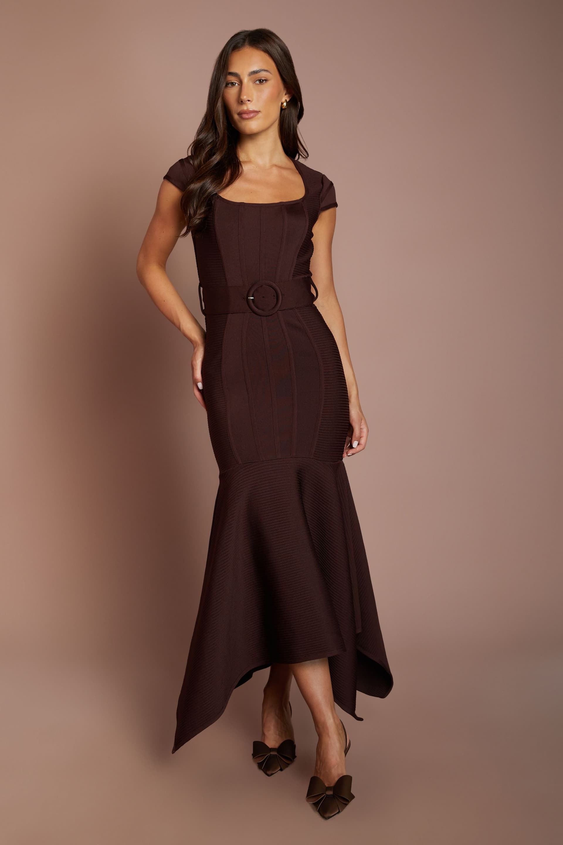 Coast Coast Women's Cap Sleeve Bandage Hanky Hem Belted Midi Dress in Chocolate