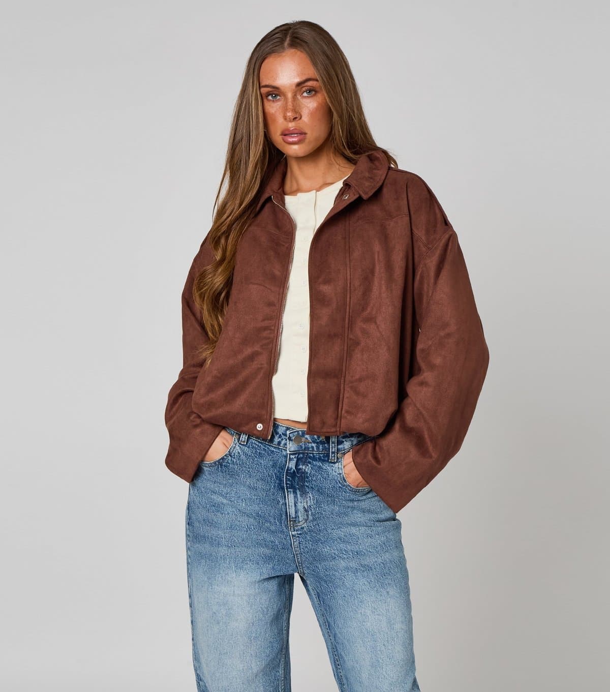 Urban Bliss Women's Brown Faux Suede Bubble Hem Collar Jacket Urban Bliss New Look