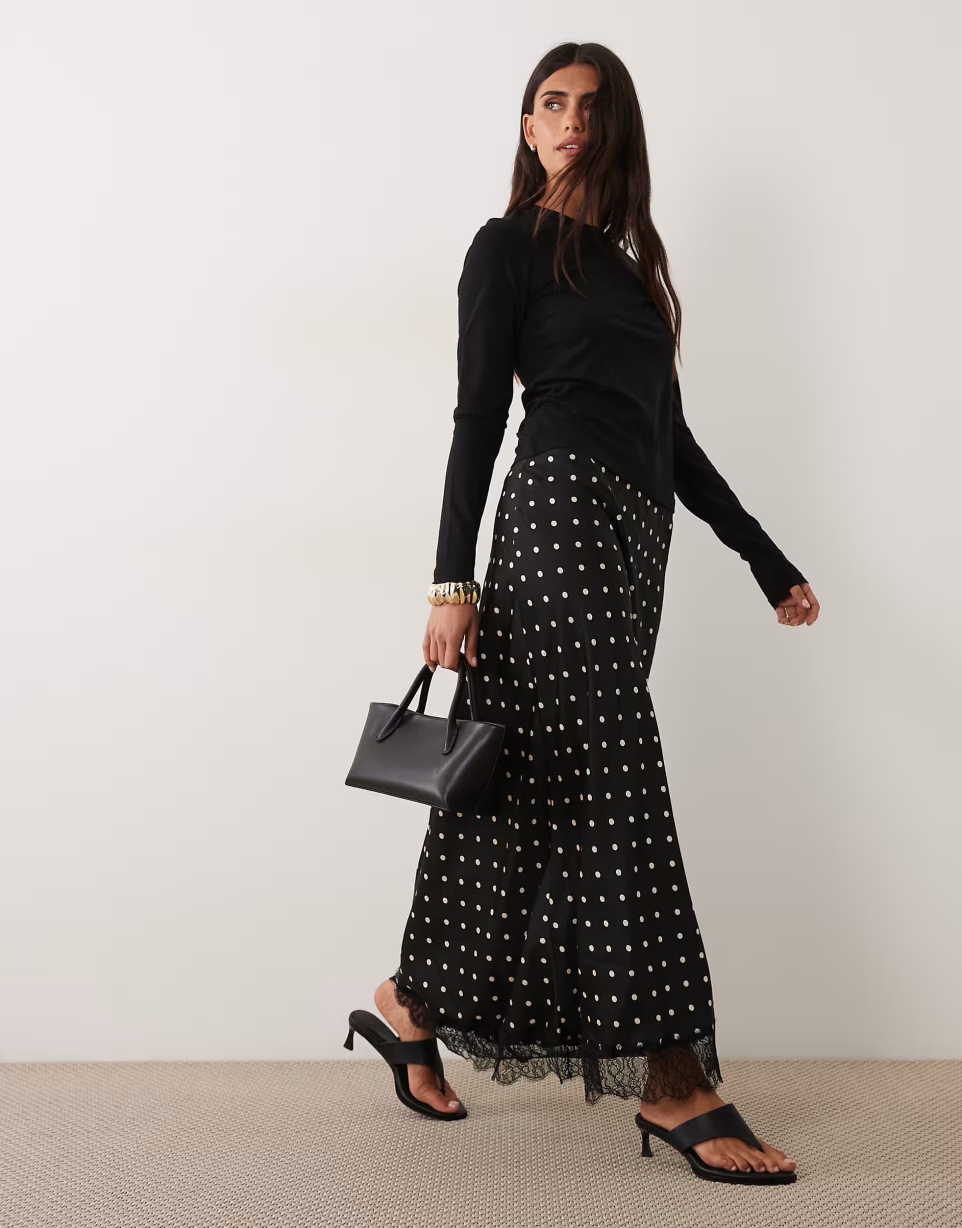 ASOS JDY lace trim satin maxi skirt in black polka dots