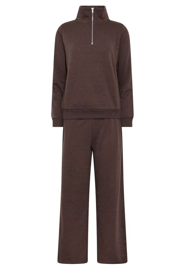 M&Co M&Co Women's Petite Quarter Zip & Wide Leg Joggers Set in Chocolate - 2