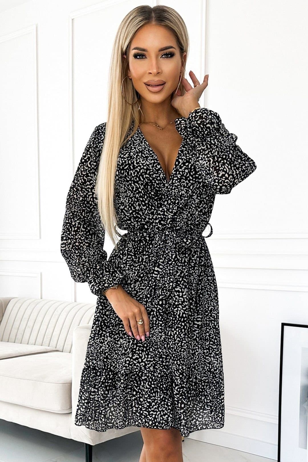 Love Lace Love Lace Women's Basic Chiffon Frill Trim Dress with Belt in Black
