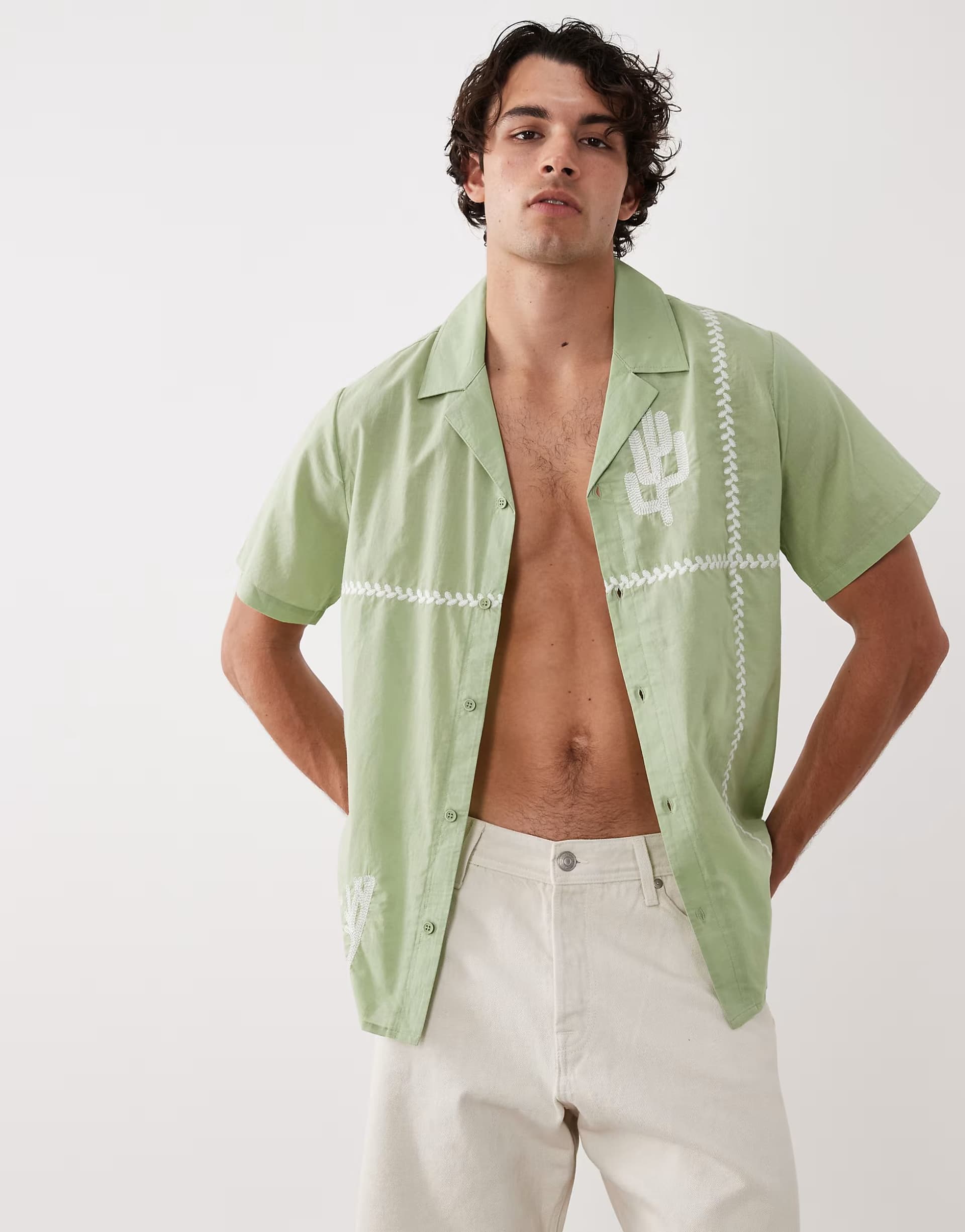 ASOS South Beach embroidered cactus beach shirt in khaki