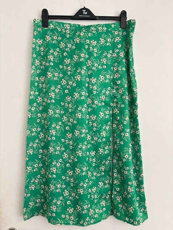 ASOS Warehouse Green Floral Satin Midi Skirt with Slit, UK size 16