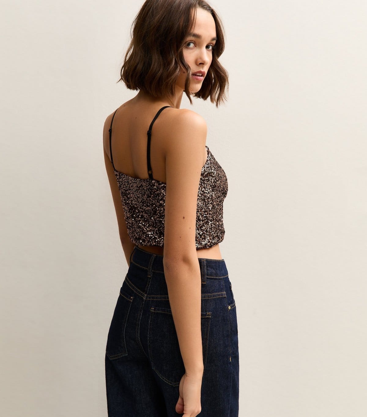 New Look Women's Mid Brown Sequinned Cami Crop Top New Look - 4