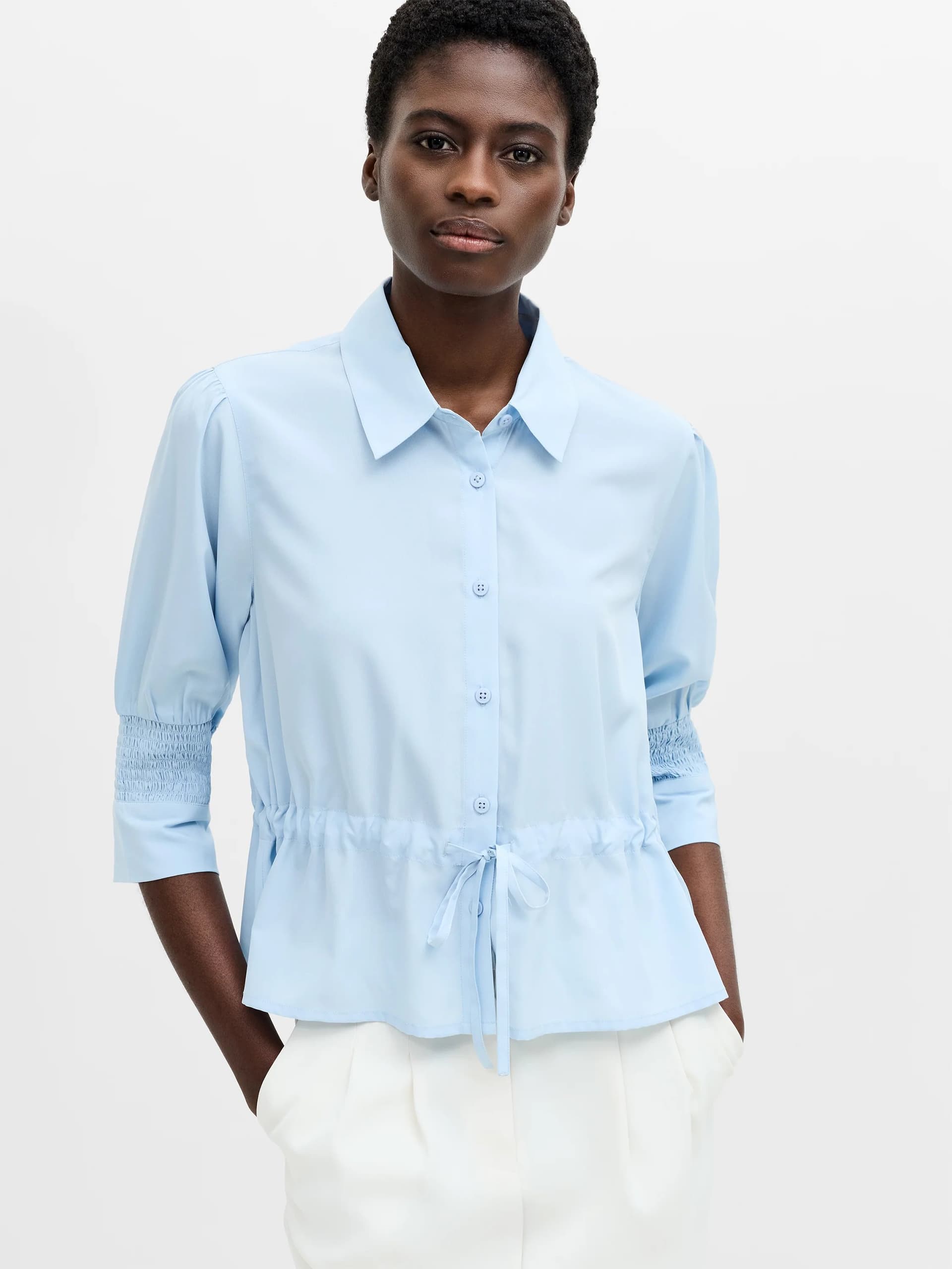 French Connection Crepe Light Collared Tie Waist Top Sky Blue