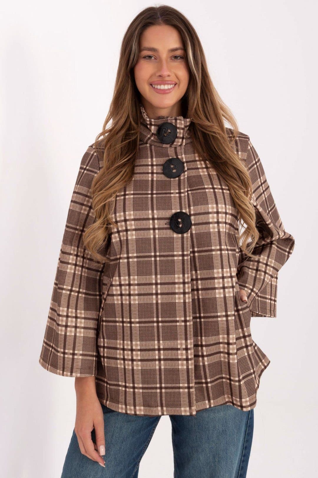 Love Lace Love Lace Women's Timeless Checkered Stand Collar Button Coat in Brown