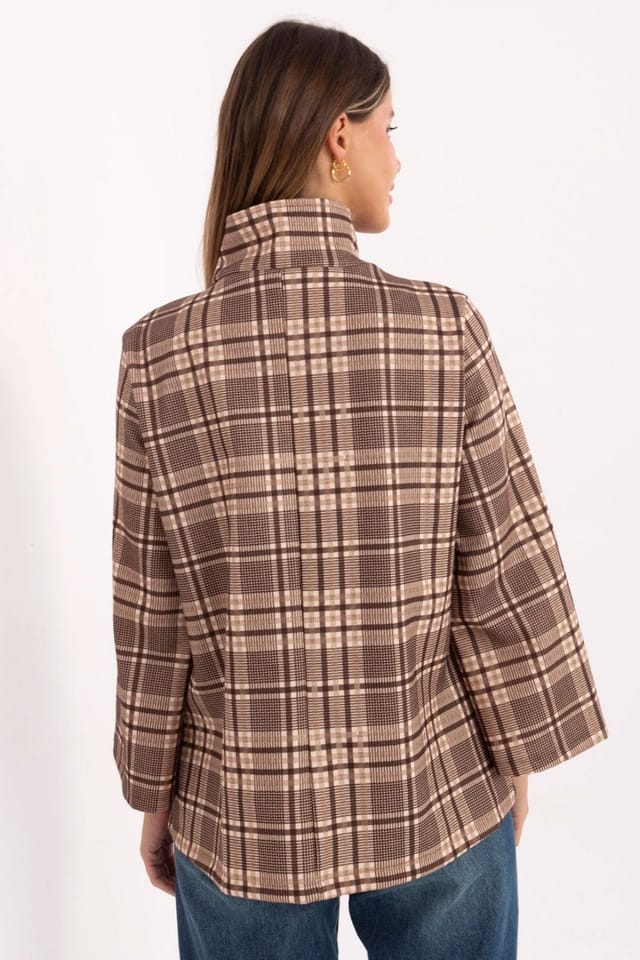 Love Lace Love Lace Women's Timeless Checkered Stand Collar Button Coat in Brown - 3