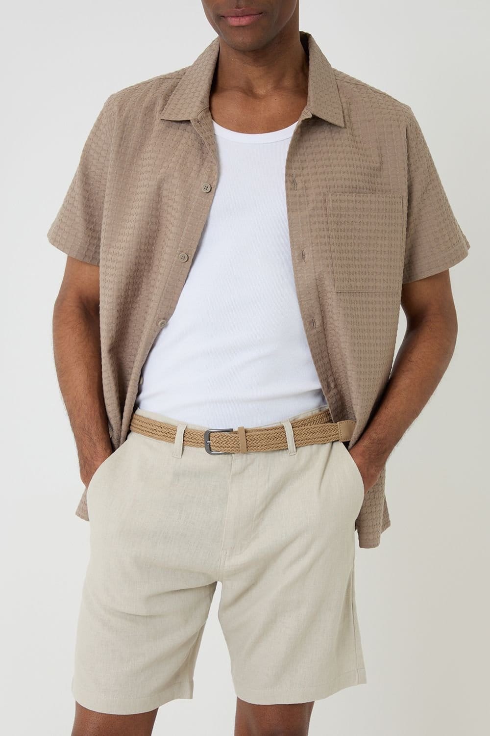 Threadbare Threadbare Men's Linen Blend Shorts with Belt in Light Stone - 4