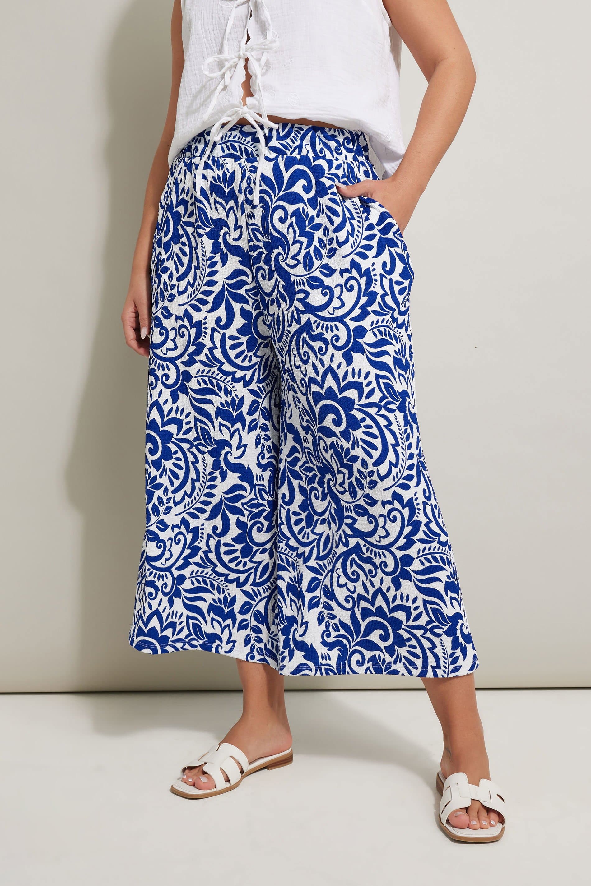 Yours Plus Size Blue Abstract Floral Textured Midaxi Culottes