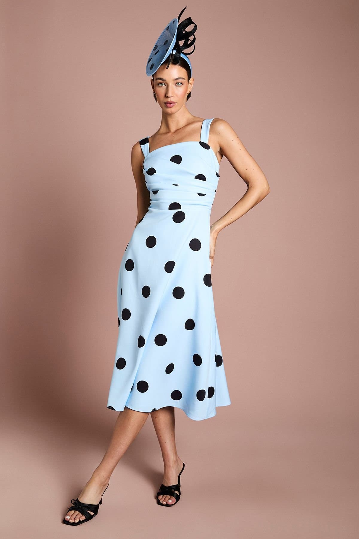 Coast Coast Women's Lisa Tan Spot Print Pleat Full Skirted Detail Midi Dress in Blue
