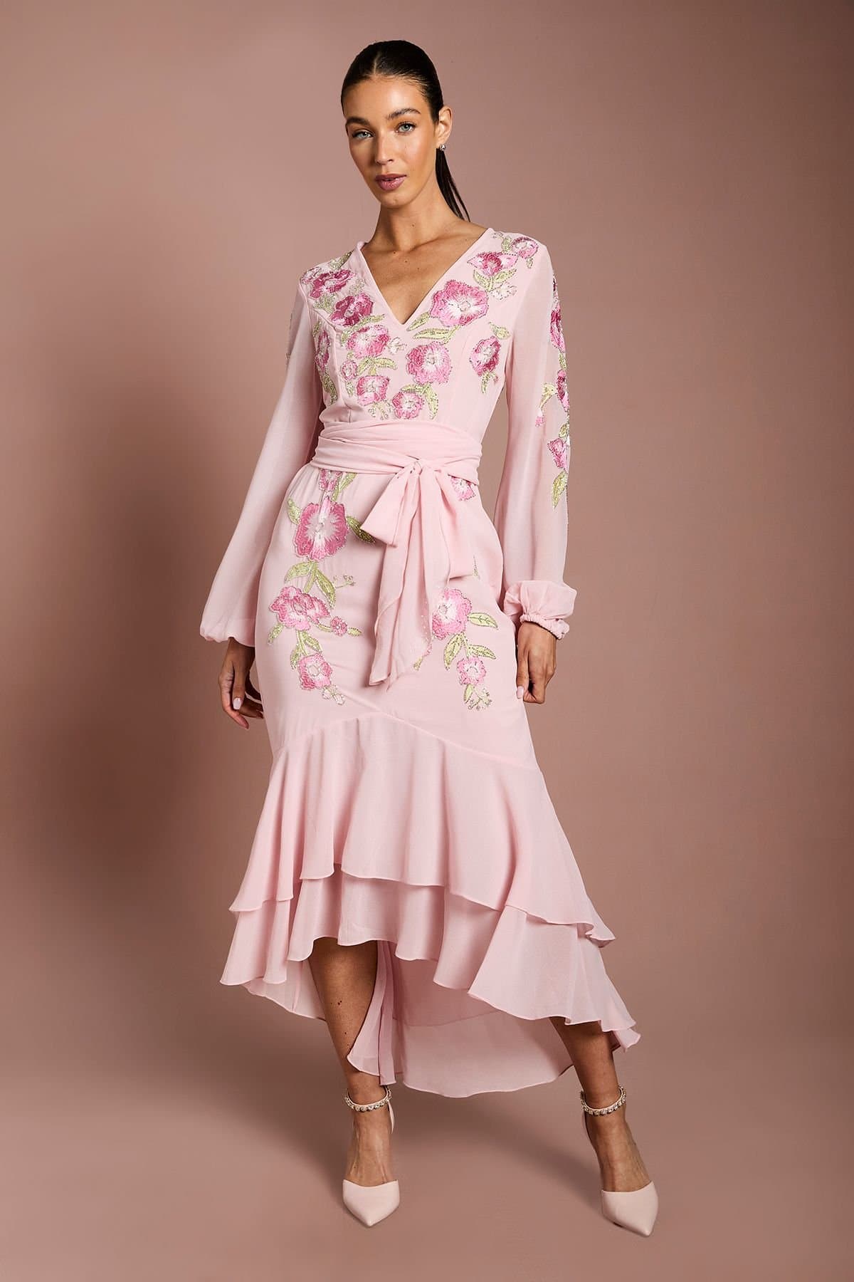 Coast Coast Women's Sequin Embellished & Embroidered High Low Maxi Dress in Blush