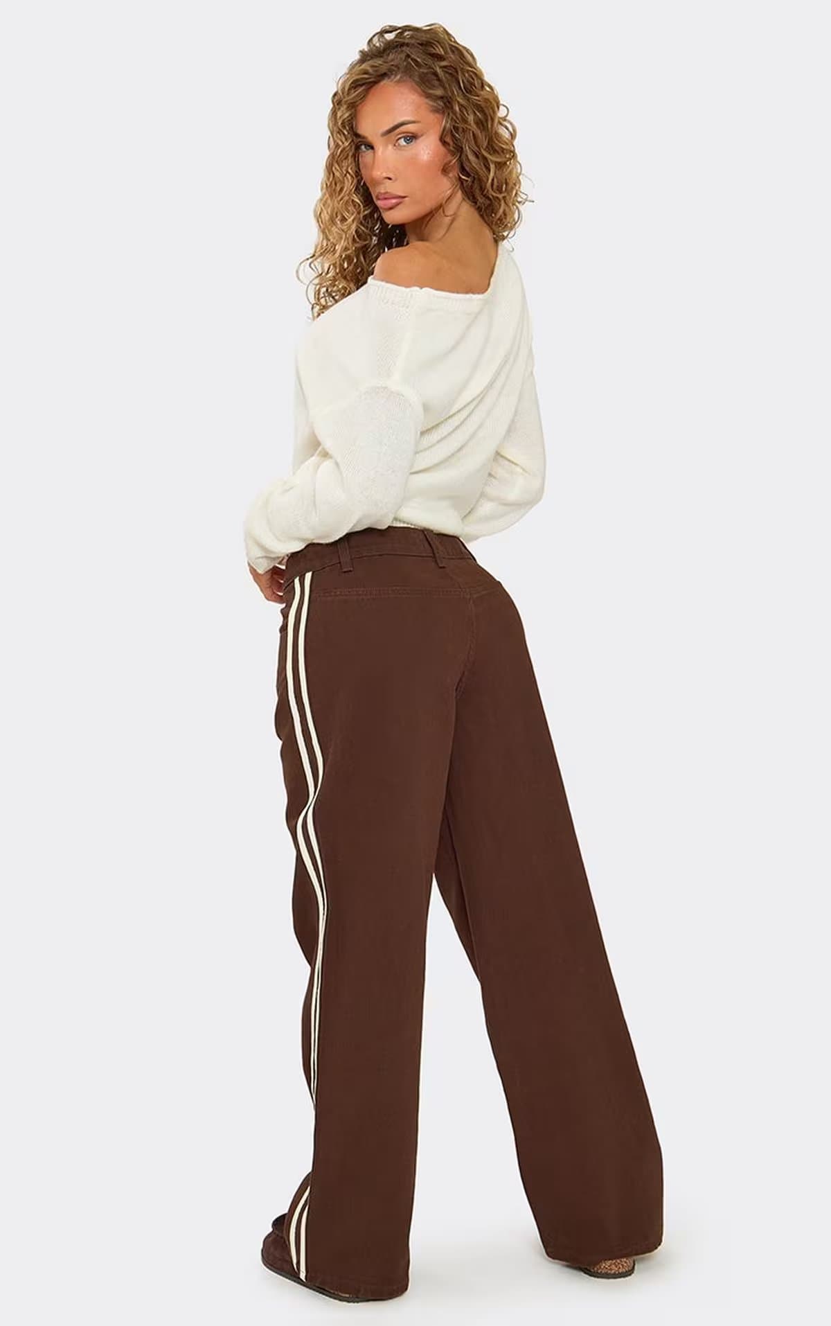 EGO Low Rise Side Stripe Detail Straight Leg Trouser In Chocolate Brown Denim, Women's Size UK 6