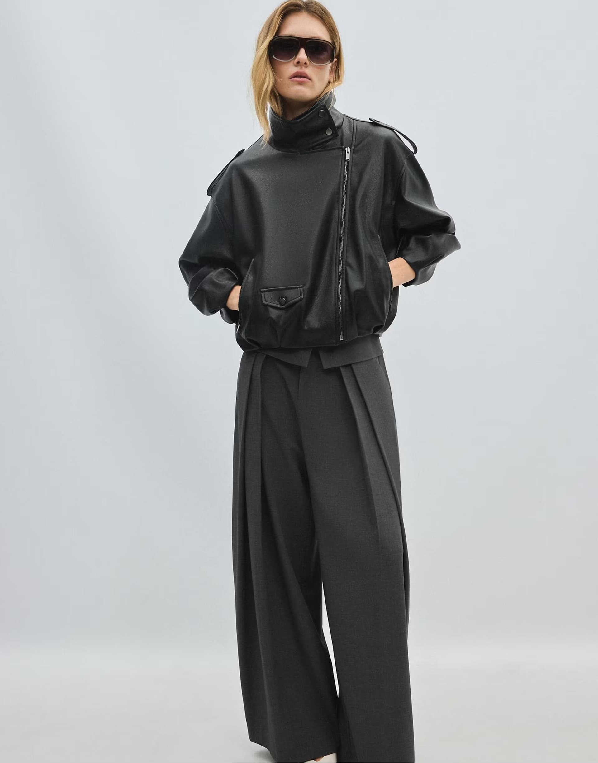 ASOS Stradivarius Leather effect balloon sleeve biker jacket in black