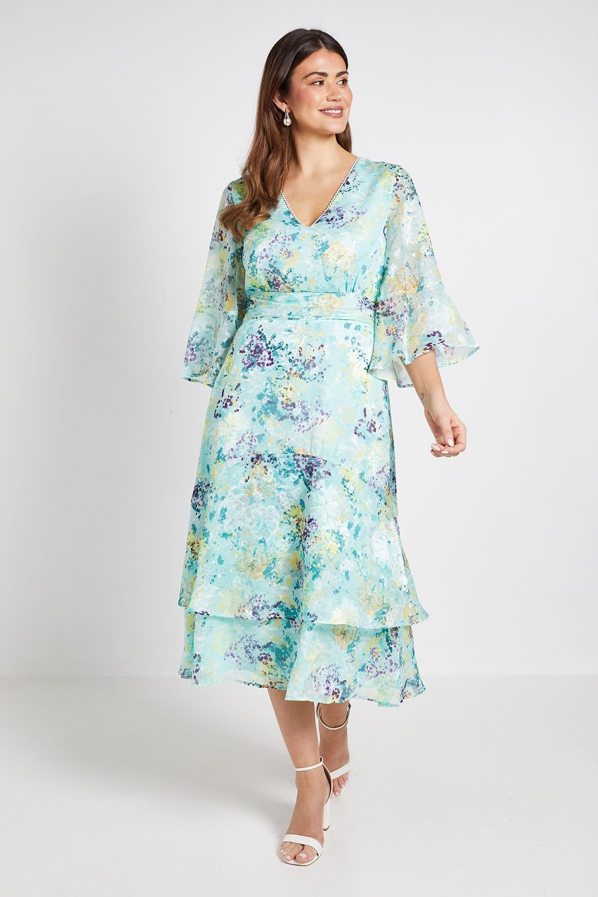 Wallis Sage Floral Burn Out Flared Sleeve Midi Dress