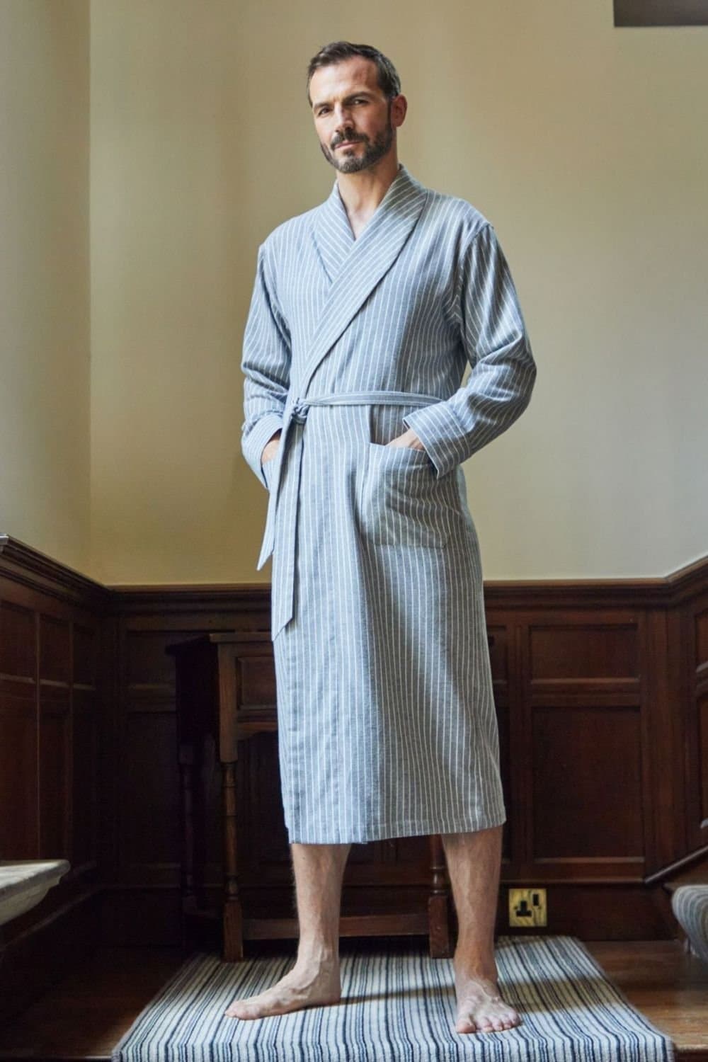 British Boxers British Boxers Men's "Chalk" Stripe Brushed Cotton Dressing Gown in Mid Grey