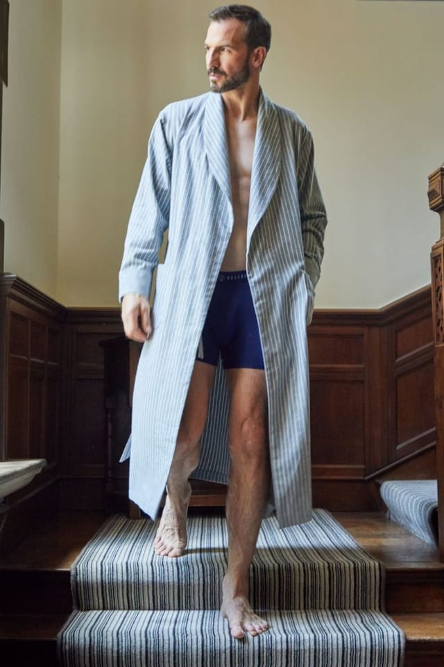 British Boxers British Boxers Men's "Chalk" Stripe Brushed Cotton Dressing Gown in Mid Grey - 3