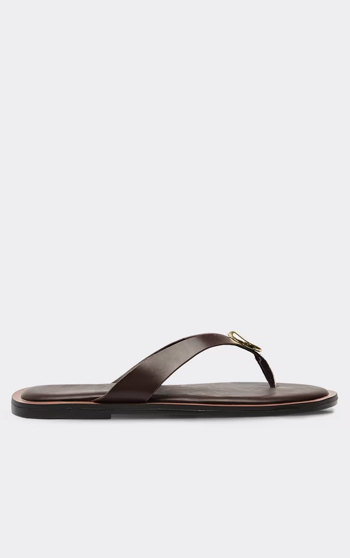 EGO Marda Thong Strap Trim Detail Flat Slider Sandal In Brown Faux Leather, Women's Size UK 3