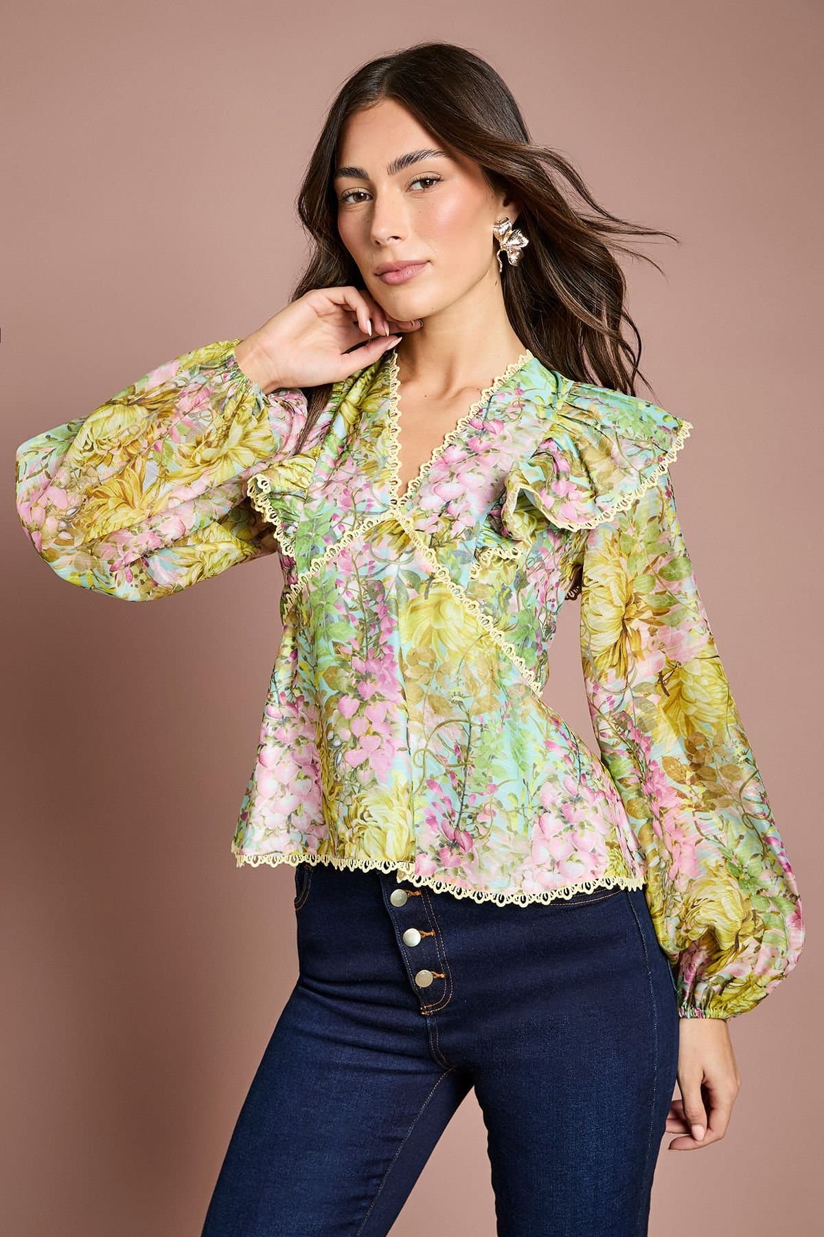 Coast Coast Women's Lace Trim V Neck Organza Blouse