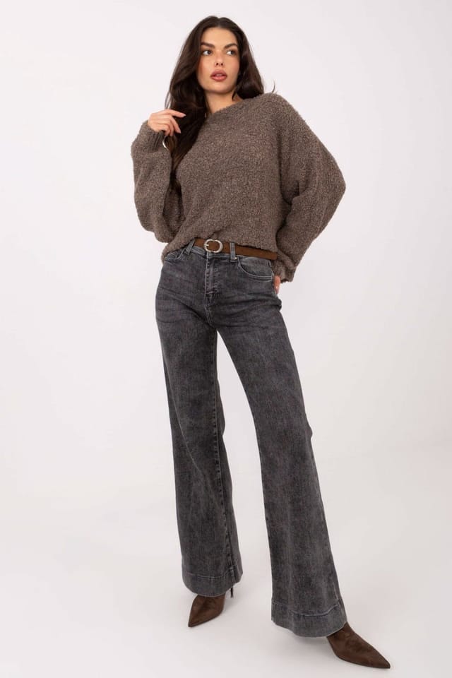 Love Lace Love Lace Women's Oversized Casual Round Neck Sweater Puff Sleeve in Brown - 2