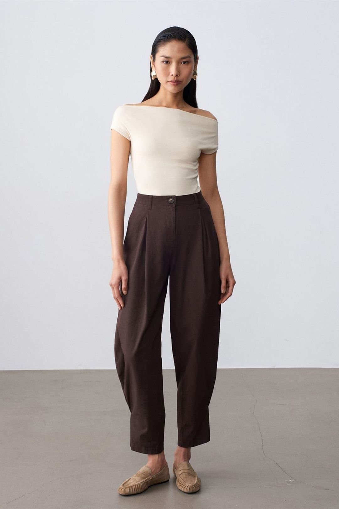 Dilvin Dilvin Women's Women's High-waist Wide-leg Poplin Trousers in Chocolate