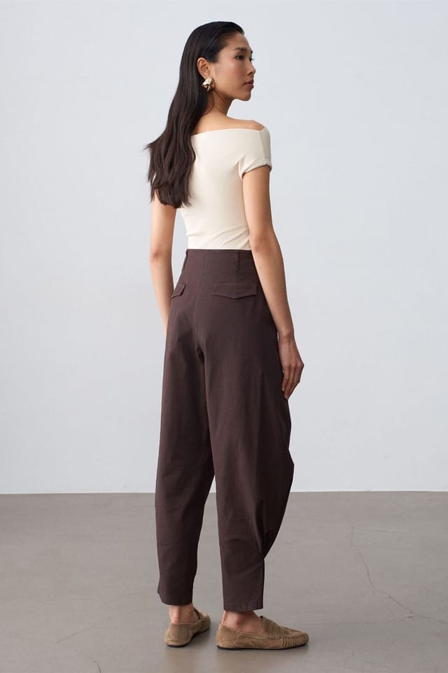 Dilvin Dilvin Women's Women's High-waist Wide-leg Poplin Trousers in Chocolate - 2
