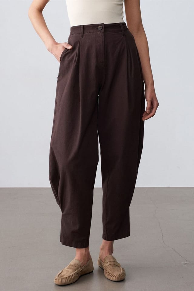 Dilvin Dilvin Women's Women's High-waist Wide-leg Poplin Trousers in Chocolate - 3