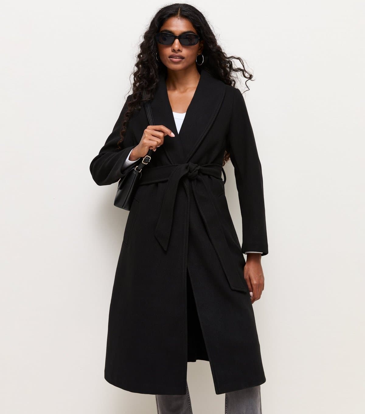 New Look Women's Petite Black Shawl Collar Belted Coat New Look