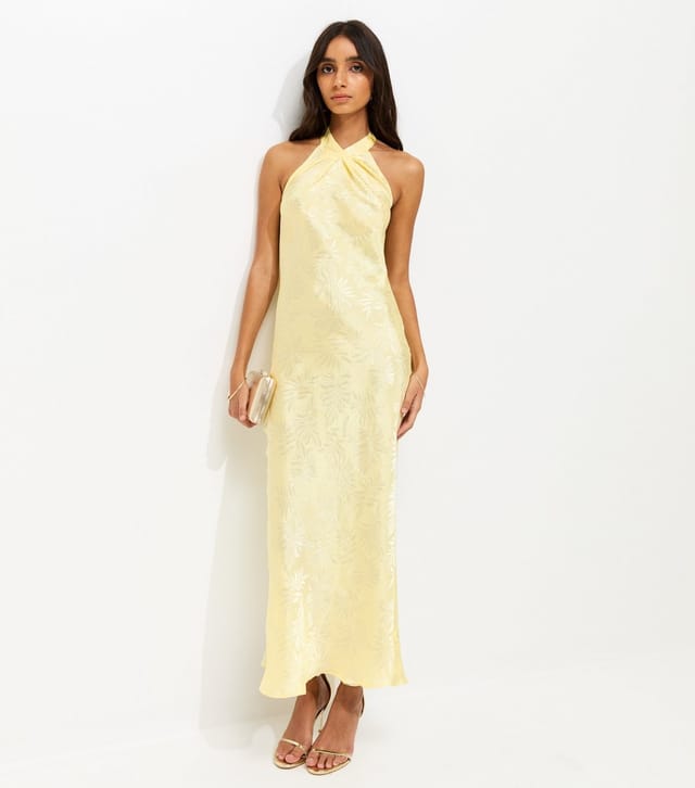 New Look Women's Light Yellow Palm Leaf Jacquard Halter Neck Maxi Dress New Look - 2