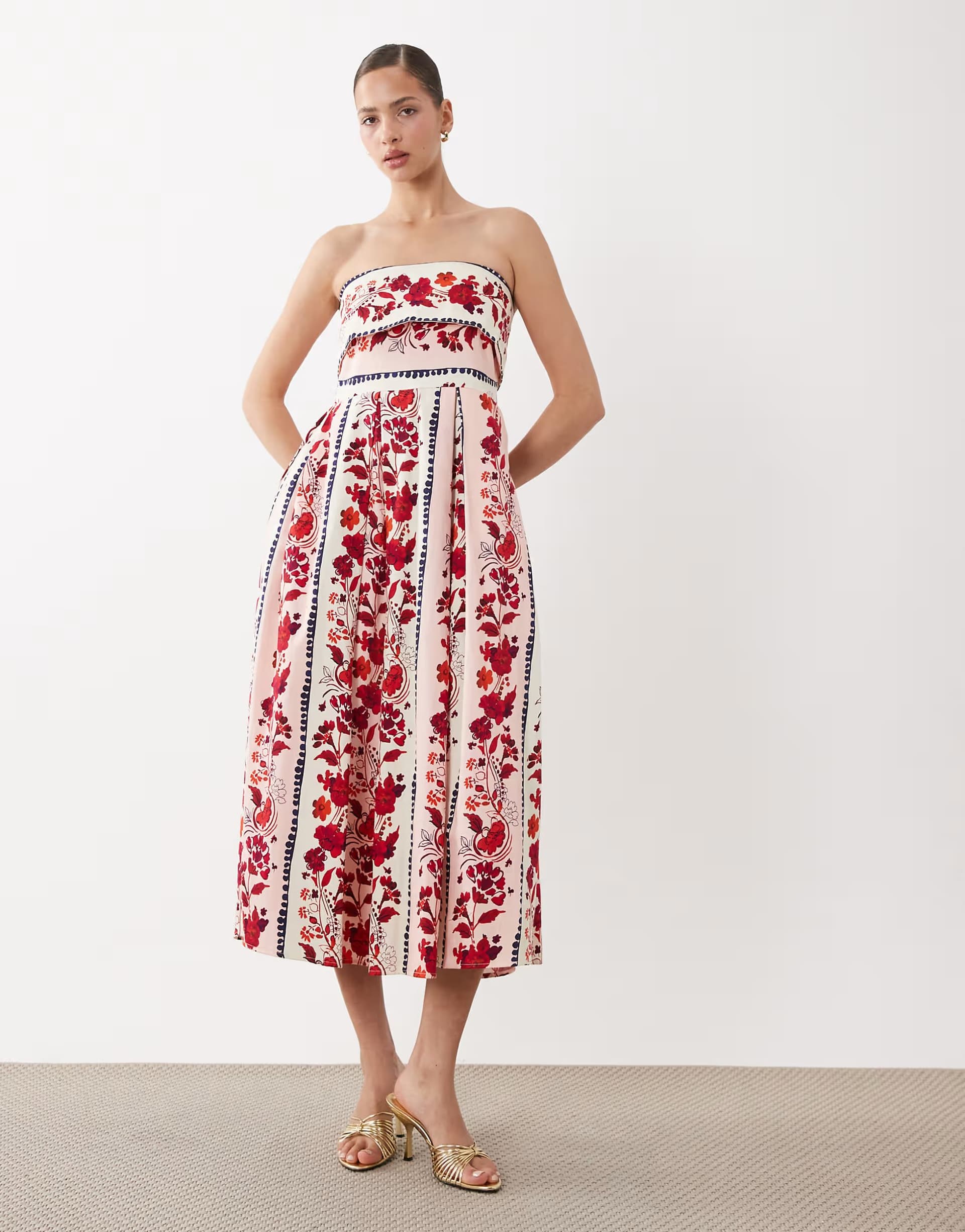 ASOS Hope & Ivy strapless bandeau contrast floral panel midi dress in pink print