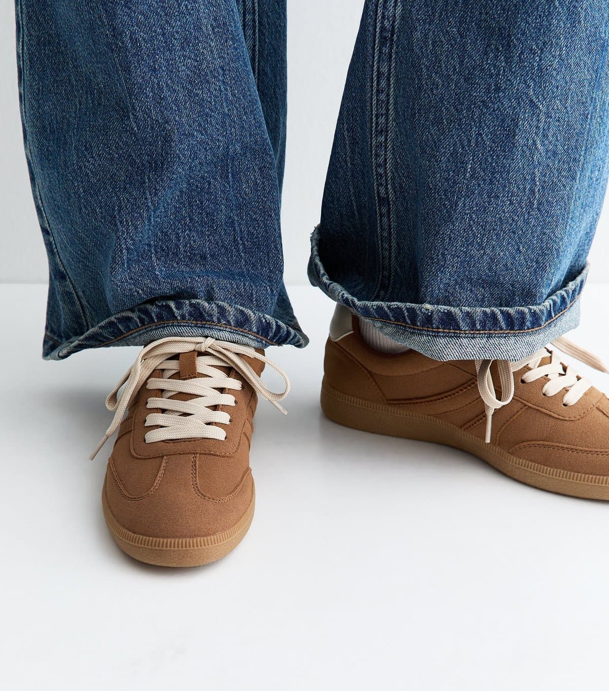 New Look Women's Tan Faux Suede Contrast Stripe Trainers Vegan New Look