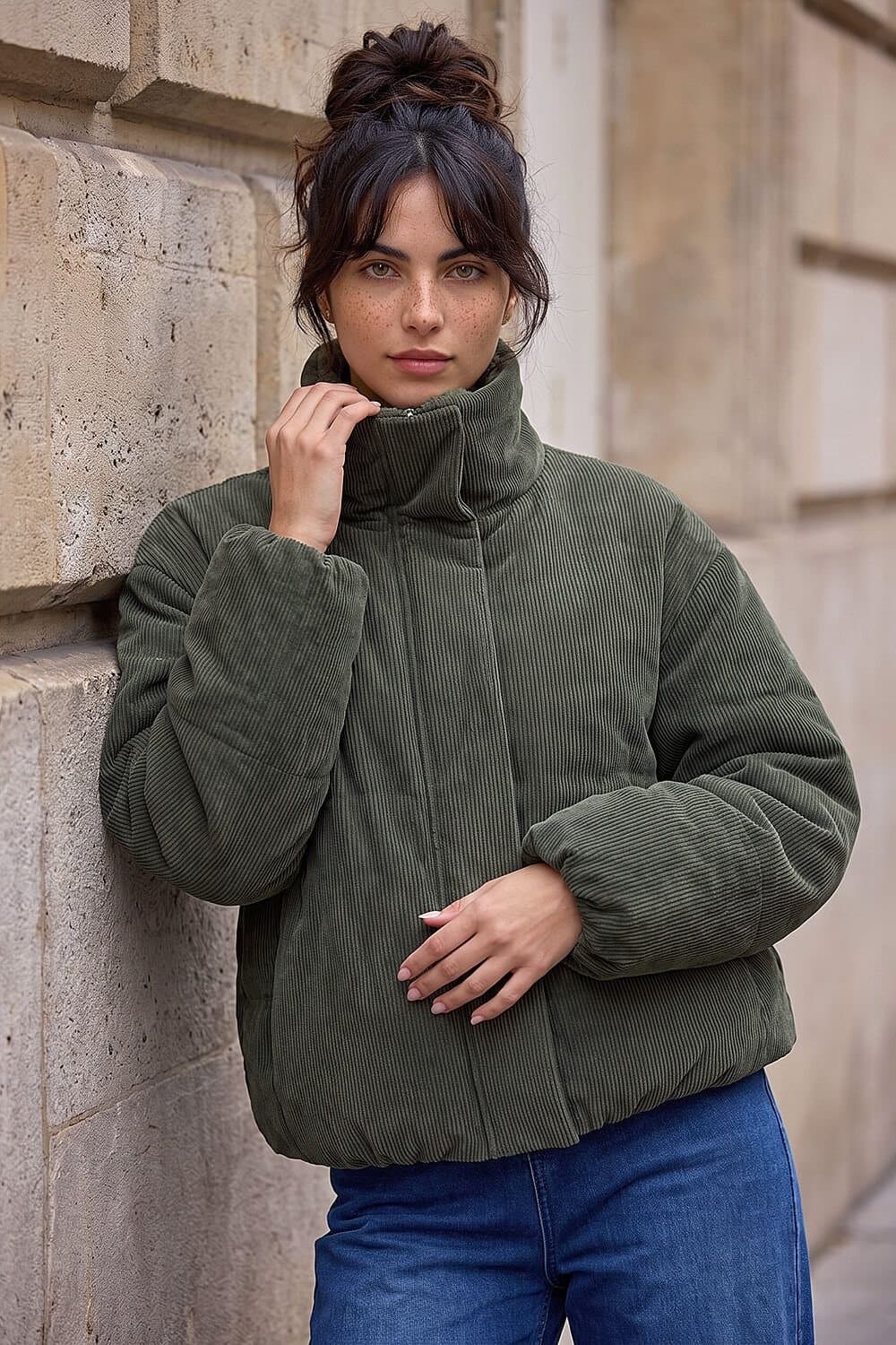 Dusk Dusk Women's Corduroy Puffer Coat in Khaki