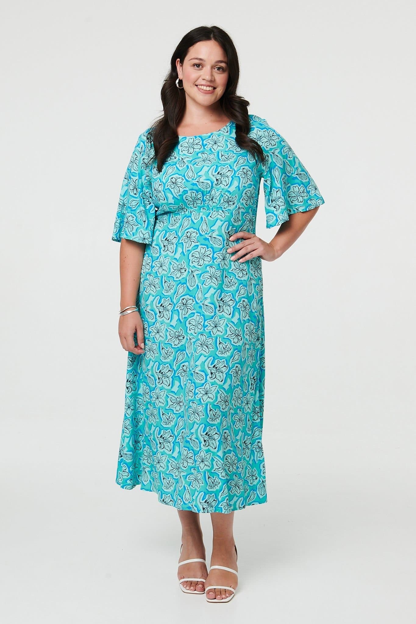 Izabel London Izabel London Women's Curve Floral 1/2 Flare Sleeve Midi Dress in Teal