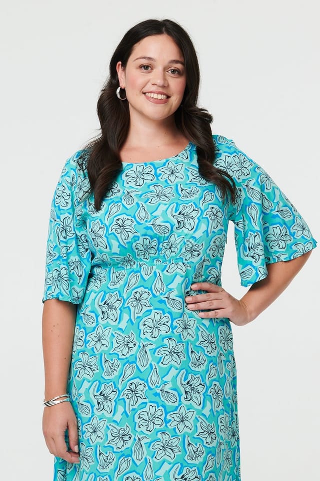 Izabel London Izabel London Women's Curve Floral 1/2 Flare Sleeve Midi Dress in Teal - 2