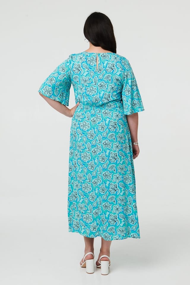Izabel London Izabel London Women's Curve Floral 1/2 Flare Sleeve Midi Dress in Teal - 3