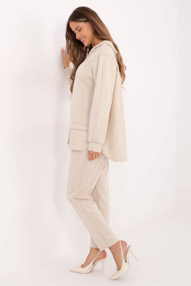 Love Lace Love Lace Women's Casual Viscose Elastane Hoodie Trousers Set in Beige - 2