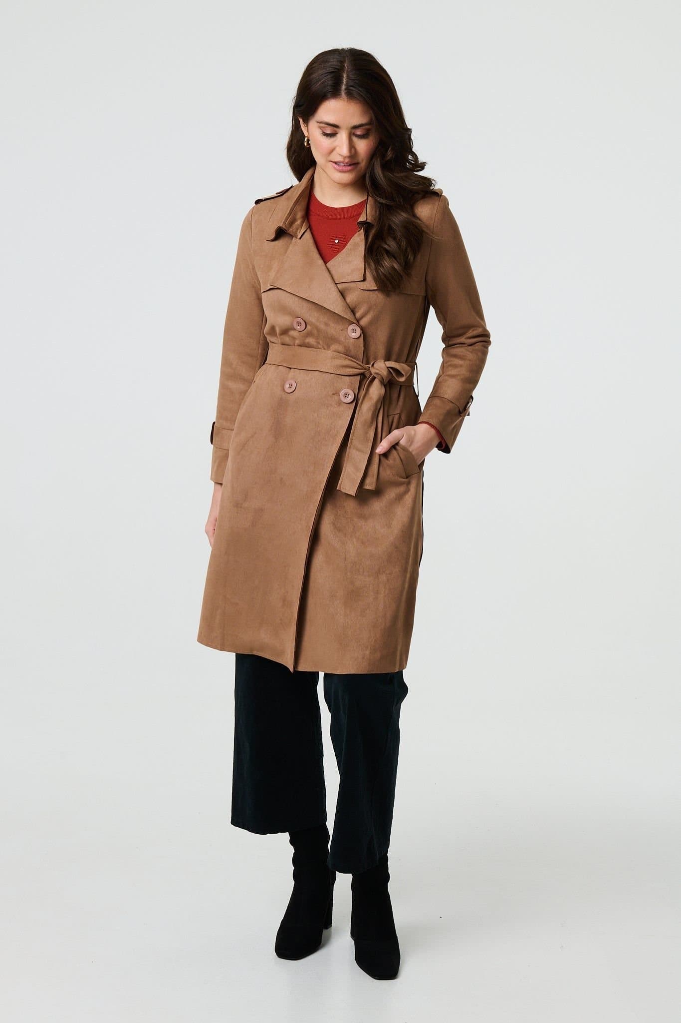 Izabel London Izabel London Women's Suede Tie Waist Button Front Trench Coat in Brown