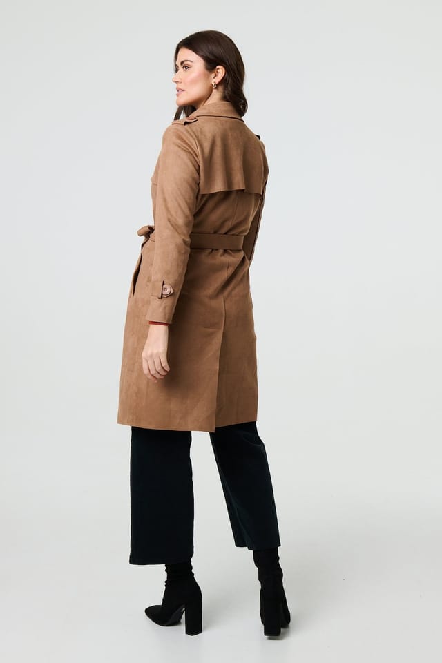 Izabel London Izabel London Women's Suede Tie Waist Button Front Trench Coat in Brown - 3