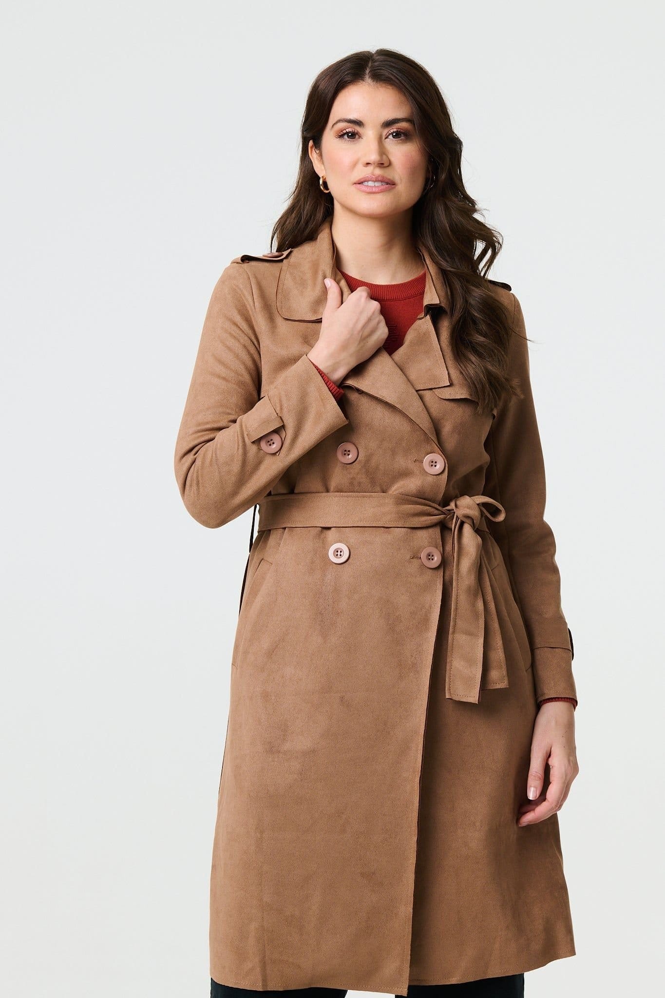 Izabel London Izabel London Women's Suede Tie Waist Button Front Trench Coat in Brown - 4
