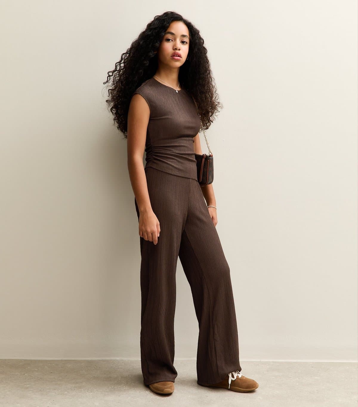 New Look Girls' Dark Brown Textured Jersey Wide Leg Trousers New Look