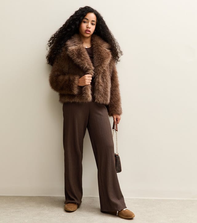 New Look Girls' Dark Brown Textured Jersey Wide Leg Trousers New Look - 3